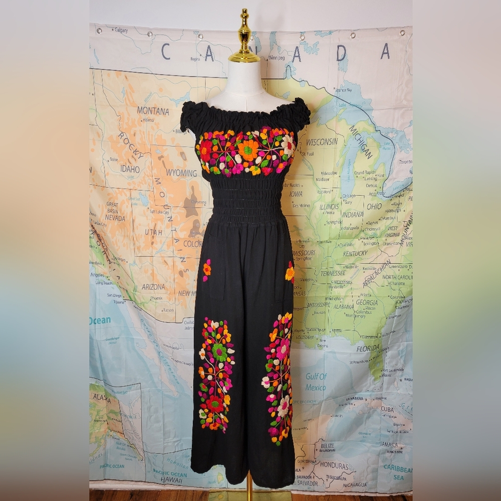 Adorable Mexican Floral Embroidered Black Jumpsuit With Pockets Size S